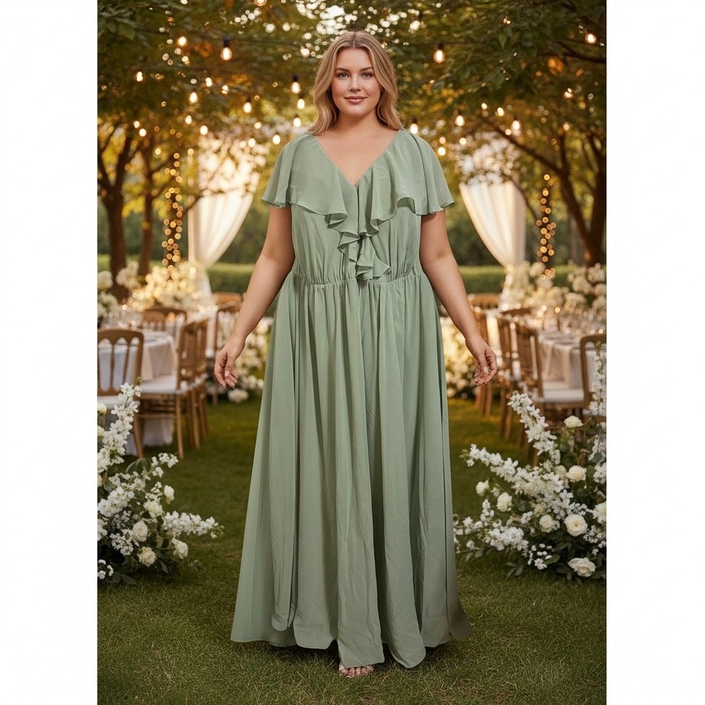 LAVETIR NEW Sage Green V-Neck Ruffle Chiffon Maxi Dress Wedding Guest Plus 28